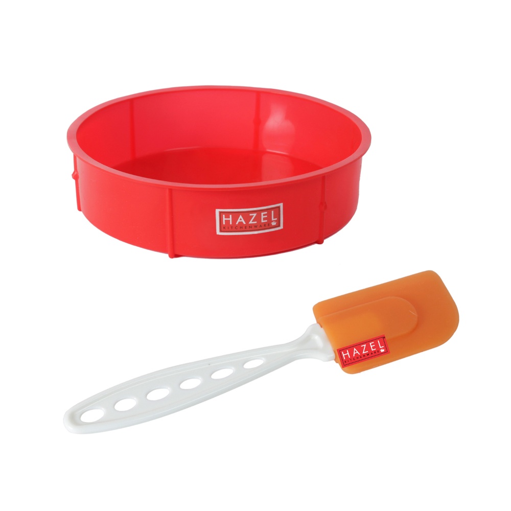 HAZEL Small Silicon Red Round Shape Cake Mould for Half Kg with Orange Spatula