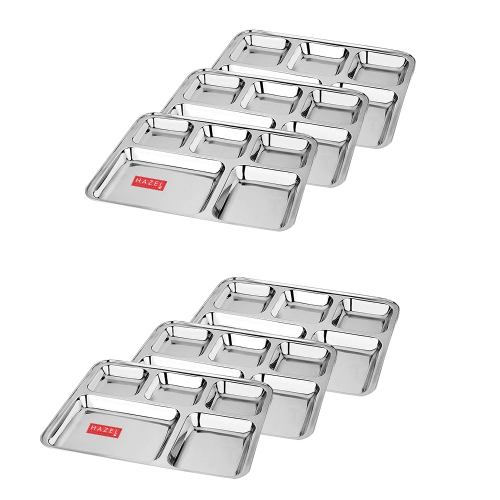 HAZEL Stainless Steel 5 Compartment Mess Plate | Rectangle Bhojan Thali with Square Holes, Set of 6