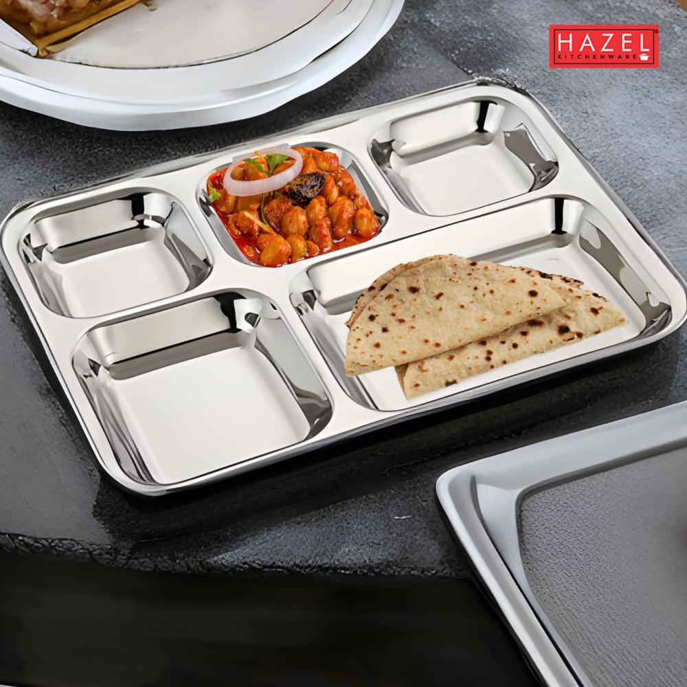 HAZEL Stainless Steel 5 Compartment Mess Plate | Rectangle Bhojan Thali with Square Holes, Set of 6