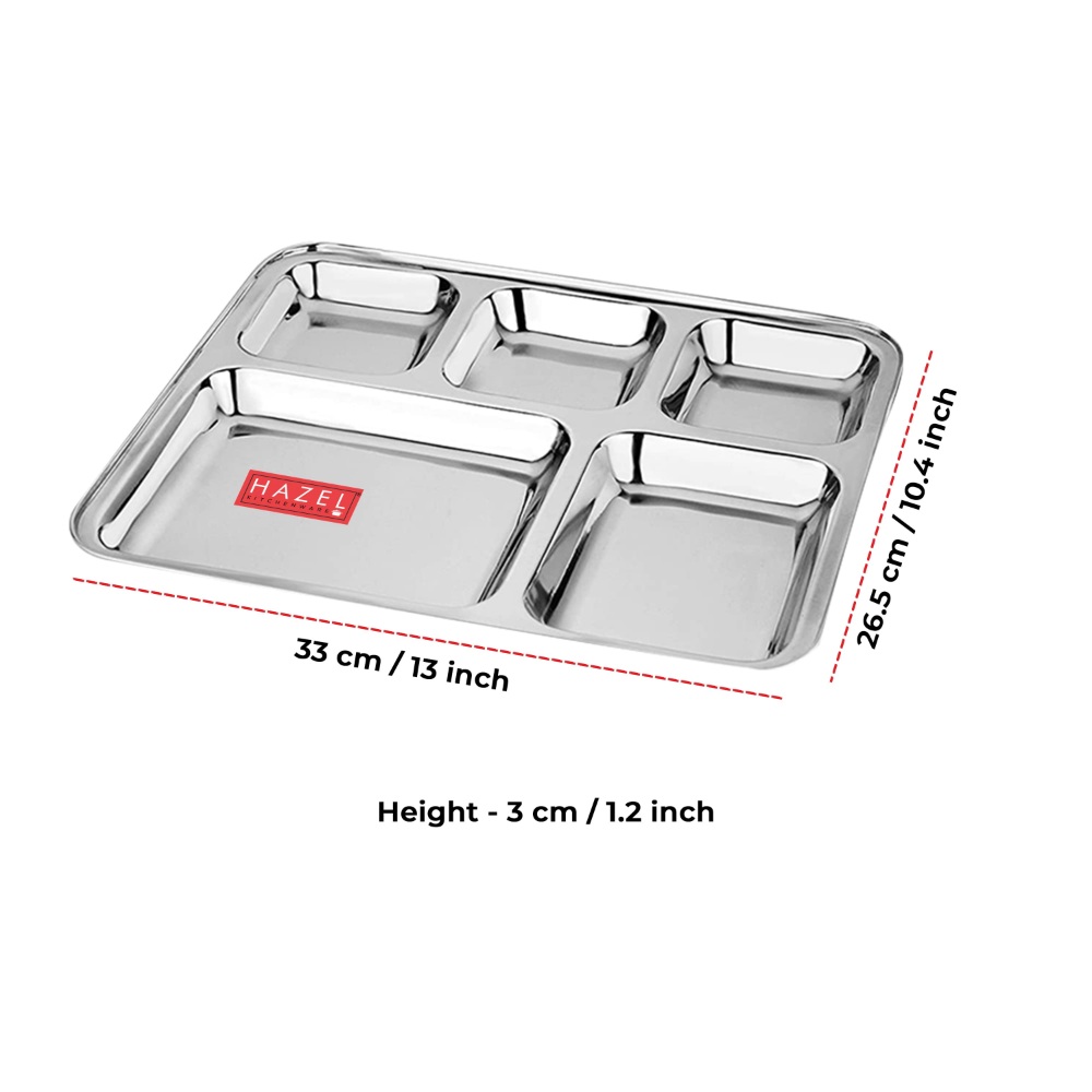 HAZEL Stainless Steel 5 Compartment Mess Plate | Rectangle Bhojan Thali with Square Holes, Set of 6