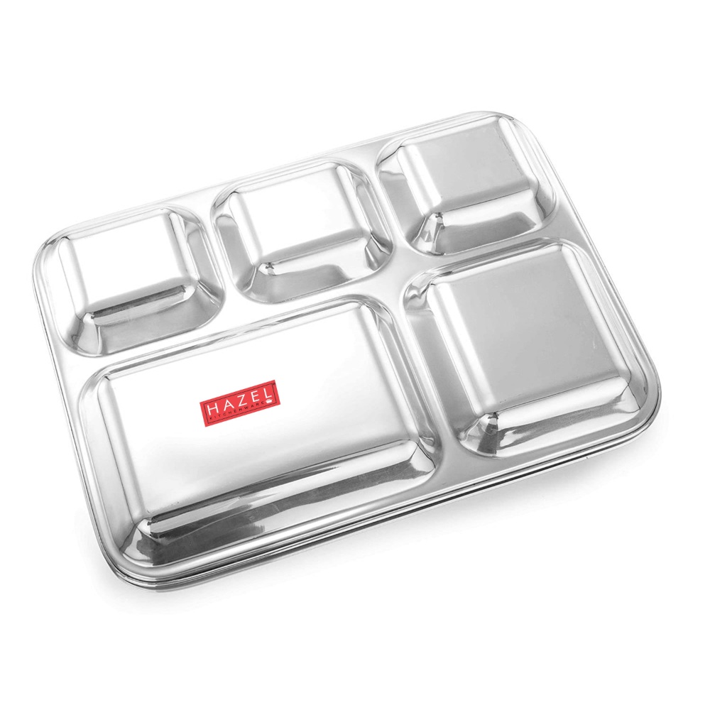 HAZEL Stainless Steel 5 Compartment Mess Plate | Rectangle Bhojan Thali with Square Holes, Set of 6