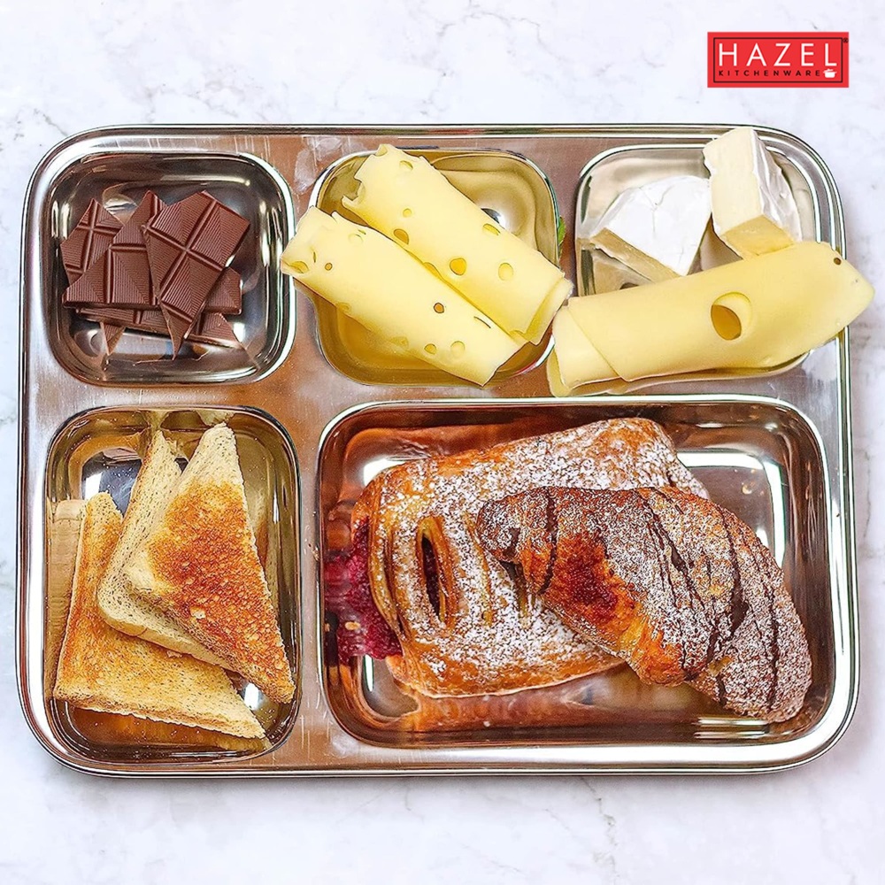 HAZEL Stainless Steel 5 Compartment Mess Plate | Rectangle Bhojan Thali with Square Holes, Set of 6