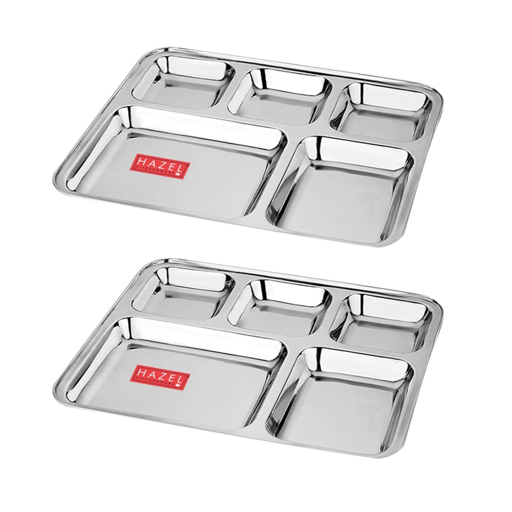 HAZEL Stainless Steel 5 Compartment Mess Plate | Rectangle Bhojan Thali with Square Holes, Set of 2