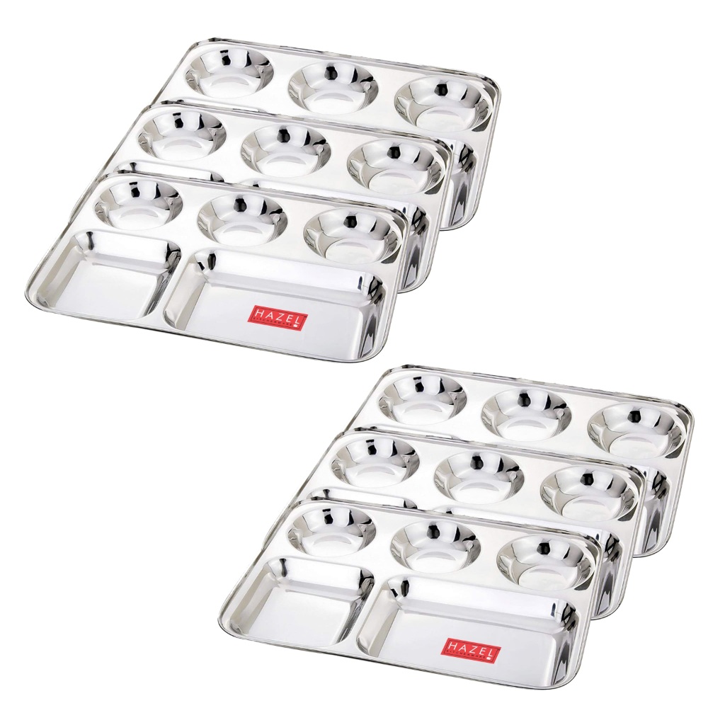 HAZEL Stainless Steel Compartment Mess Plate | Steel Rectangle Bhojan Thali with Round Holes, Set of 6