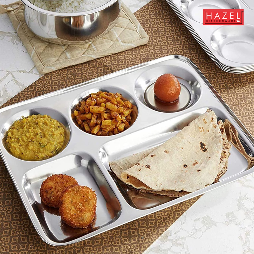 HAZEL Stainless Steel Compartment Mess Plate | Steel Rectangle Bhojan Thali with Round Holes, Set of 6