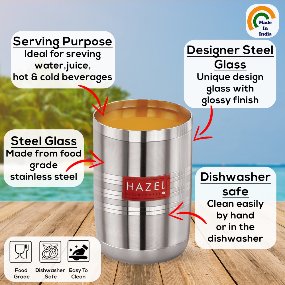 HAZEL Stainless Steel Glasses Set of 12 for Water & Juice | Unbreakable Glass Set with Glossy Finish Design & Dishwasher Safe, 350 ML