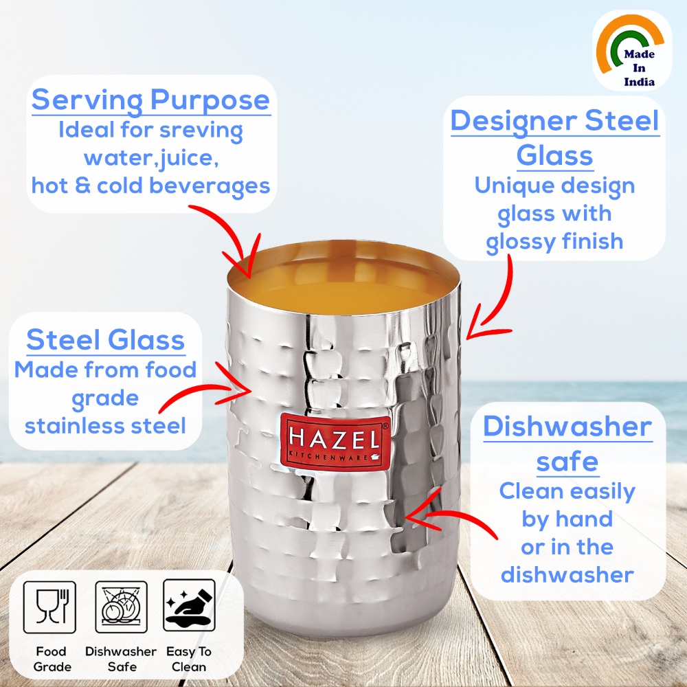 HAZEL Stainless Steel Glasses Set of 12 for Water &  Juice | Hammered Finish Design Unbreakable Glass Set with Glossy Finish Design & Dishwasher Safe, 350 ML