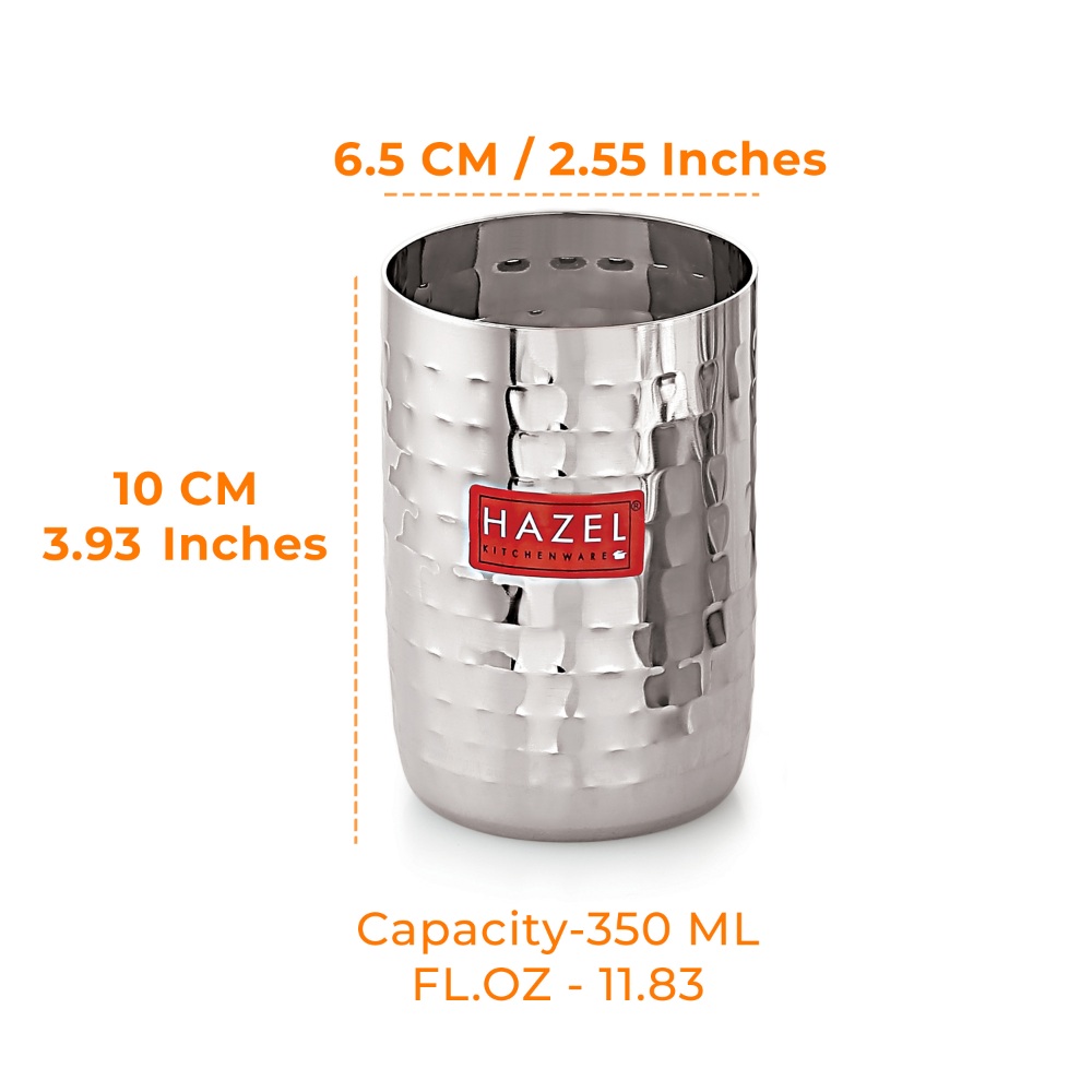 HAZEL Stainless Steel Glasses Set of 12 for Water &  Juice | Hammered Finish Design Unbreakable Glass Set with Glossy Finish Design & Dishwasher Safe, 350 ML