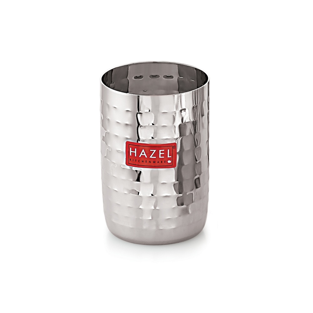 HAZEL Stainless Steel Glasses Set of 12 for Water &  Juice | Hammered Finish Design Unbreakable Glass Set with Glossy Finish Design & Dishwasher Safe, 350 ML