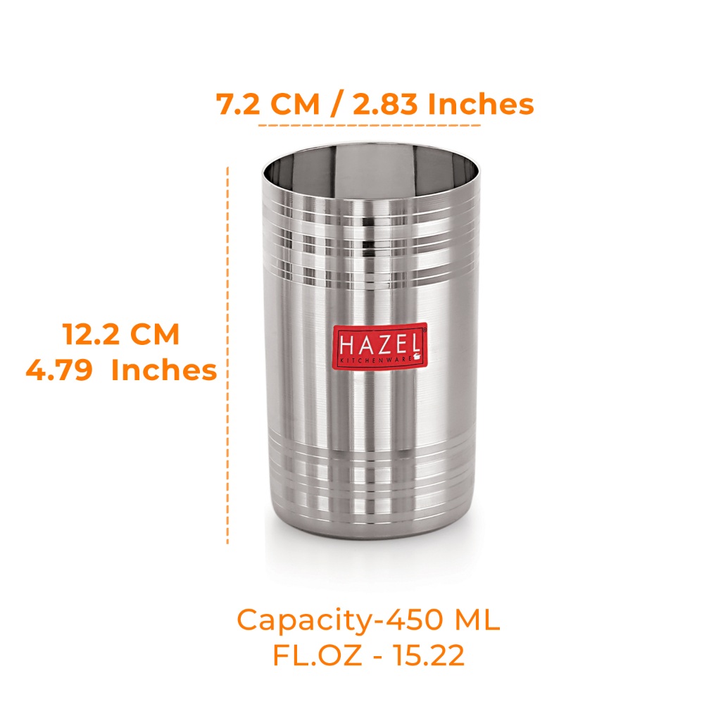 HAZEL Stainless Steel Glass for Drinking Water | Unbreakable Glass Set of 6 with Glossy Finish Design & Dishwasher Safe, 450 ML