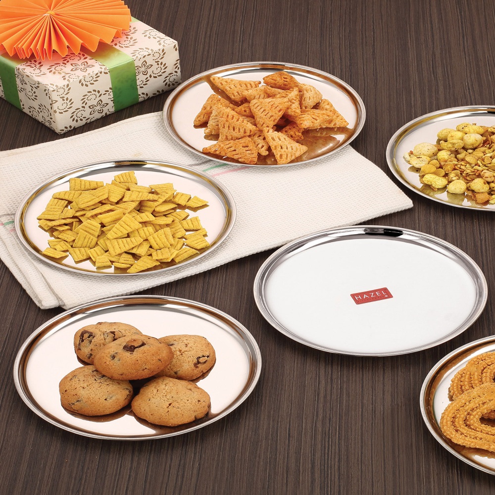 HAZEL Stainless Steel Serving Plate with Glossy Finish | Thali plates For Kitchen | Serveware Snacks Plates for Kids | Breakfast Plates Set of 4, 21 cm