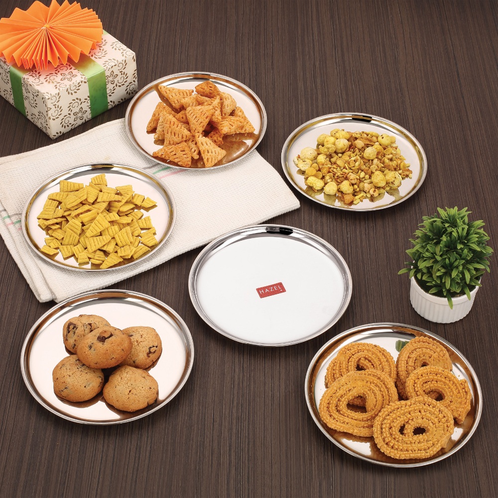 HAZEL Stainless Steel Thali Plates With Mirror Finish | Serveware Tableware Snacks Plates Set for Kitchen Storage Friendly | Steel Kids plate with Glossy finish | Serving Plate Set of 12, 18.5 cm