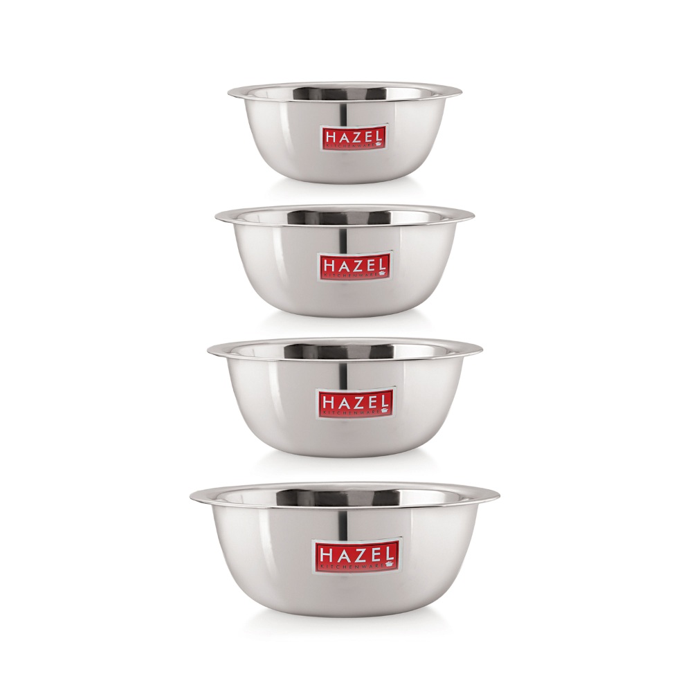 HAZEL Stainless Steel Mixing Bowl | Set of 4 Mixing Bowl For Cake Batter | Steel Bowl Big Size For Baking | 4 Piece, 1500 ml to 3300 ml