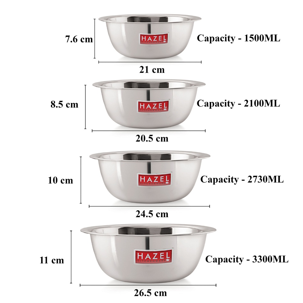 HAZEL Stainless Steel Mixing Bowl | Set of 4 Mixing Bowl For Cake Batter | Steel Bowl Big Size For Baking | 4 Piece, 1500 ml to 3300 ml