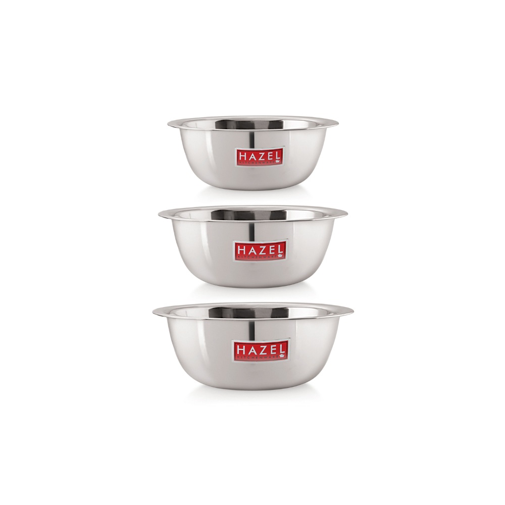 HAZEL Stainless Steel Mixing Bowl | Set of 3 Mixing Bowl For Cake Batter | Steel Bowl Big Size For Baking | 3 Piece, 1500 ml to 2730 ml