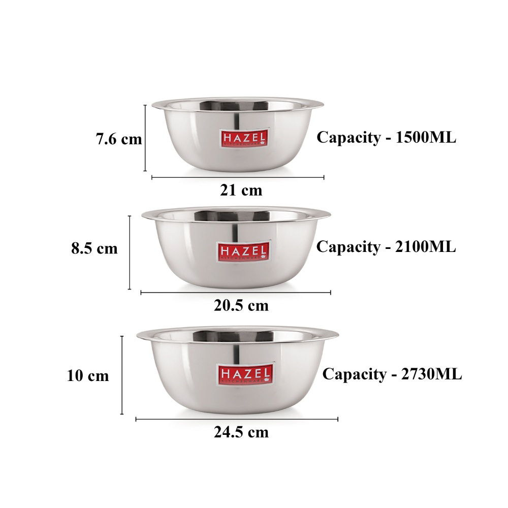 HAZEL Stainless Steel Mixing Bowl | Set of 3 Mixing Bowl For Cake Batter | Steel Bowl Big Size For Baking | 3 Piece, 1500 ml to 2730 ml