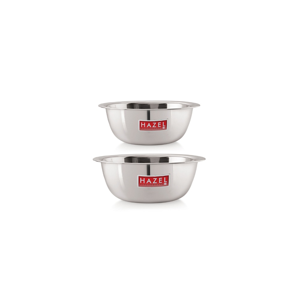 HAZEL Stainless Steel Mixing Bowl | Set of 2 Mixing Bowl For Cake Batter | Steel Bowl Big Size For Baking | 2 Piece, 1500 ml to 2100 ml