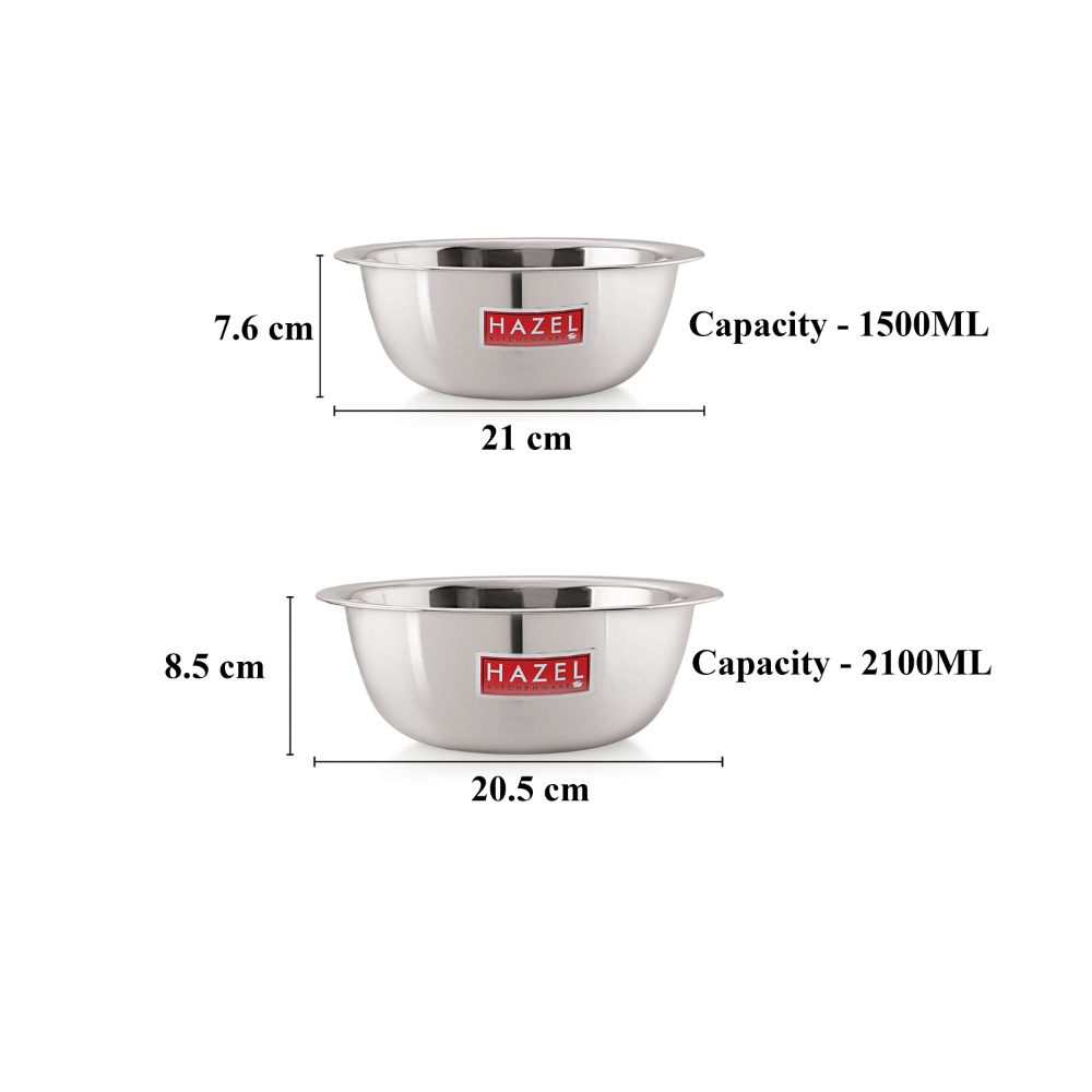 HAZEL Stainless Steel Mixing Bowl | Set of 2 Mixing Bowl For Cake Batter | Steel Bowl Big Size For Baking | 2 Piece, 1500 ml to 2100 ml