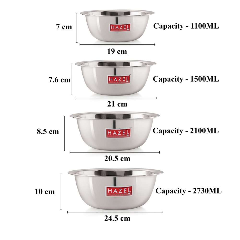 HAZEL Stainless Steel Mixing Bowl | Set of 4 Mixing Bowl For Cake Batter | Steel Bowl Big Size For Baking | 4 Piece, 1100 ml to 2730 ml