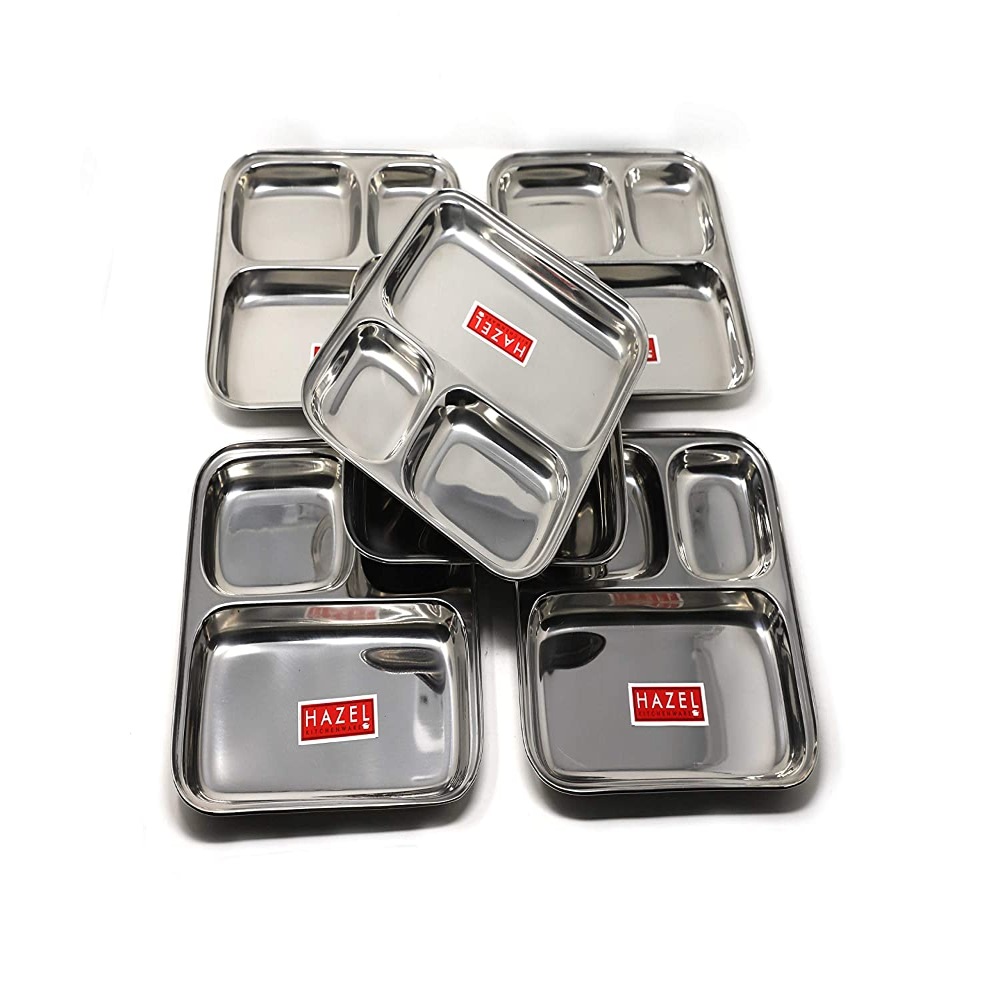 HAZEL Compartment Plate Set | Nasta Plate Set of 6 | Pav Bhaji Plates for Restaurant | Steel Plate With Compartments for Event, Party | 25 cm