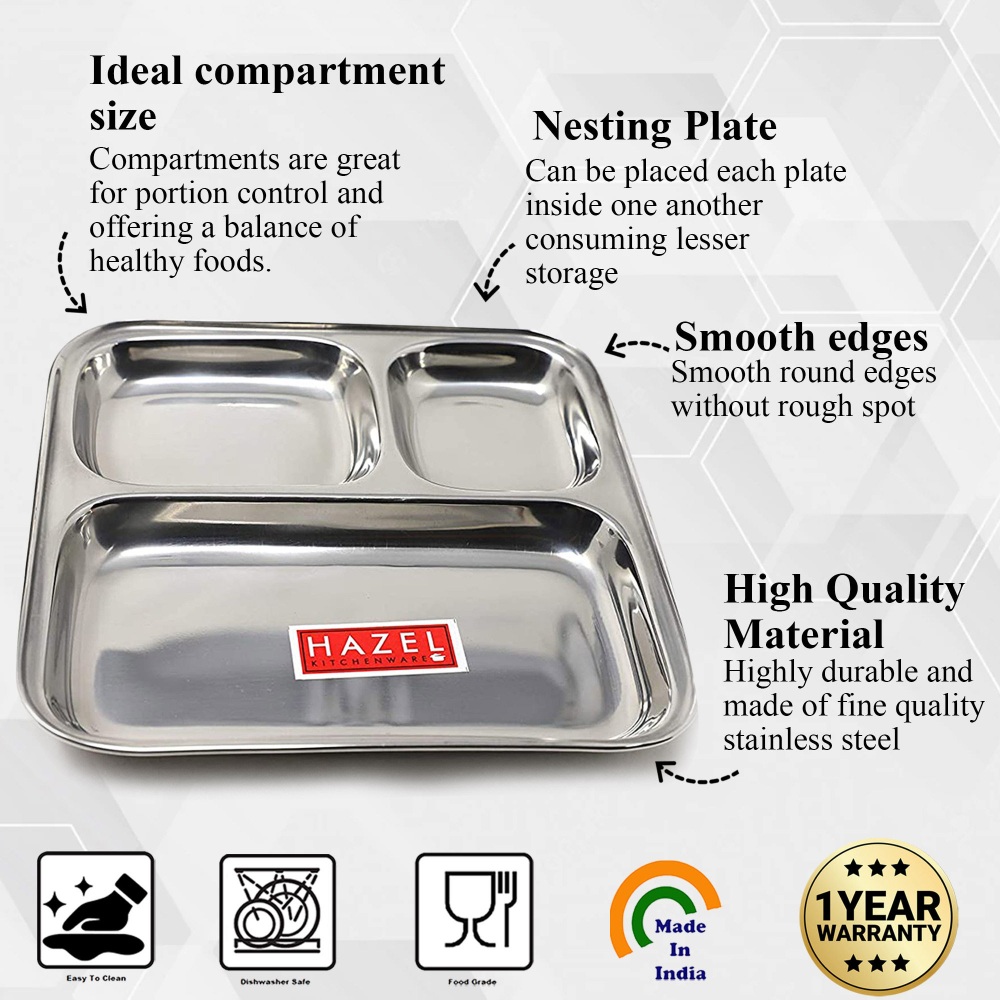 HAZEL Compartment Plate Set | Nasta Plate Set of 6 | Pav Bhaji Plates for Restaurant | Steel Plate With Compartments for Event, Party | 25 cm