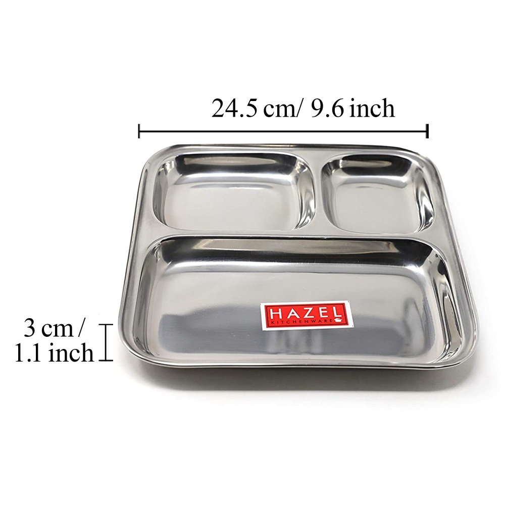 HAZEL Compartment Plate Set | Nasta Plate Set of 6 | Pav Bhaji Plates for Restaurant | Steel Plate With Compartments for Event, Party | 25 cm