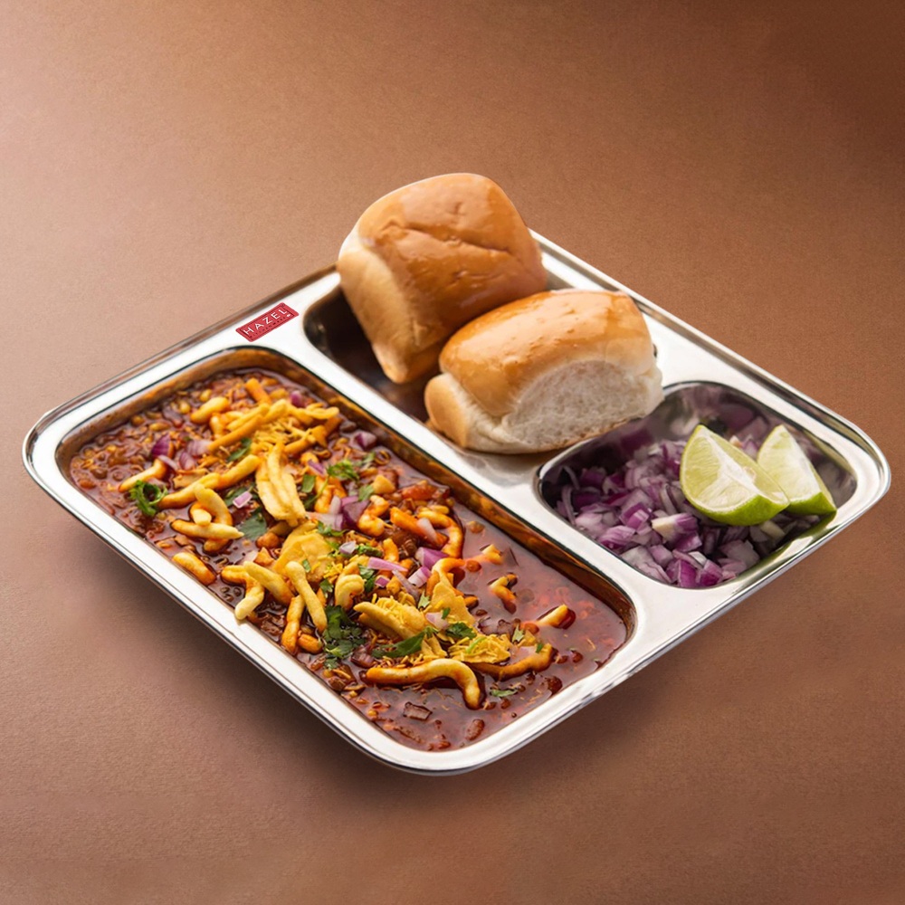 HAZEL Compartment Plate Set | Nasta Plate Set of 6 | Pav Bhaji Plates for Restaurant | Steel Plate With Compartments for Event, Party | 25 cm