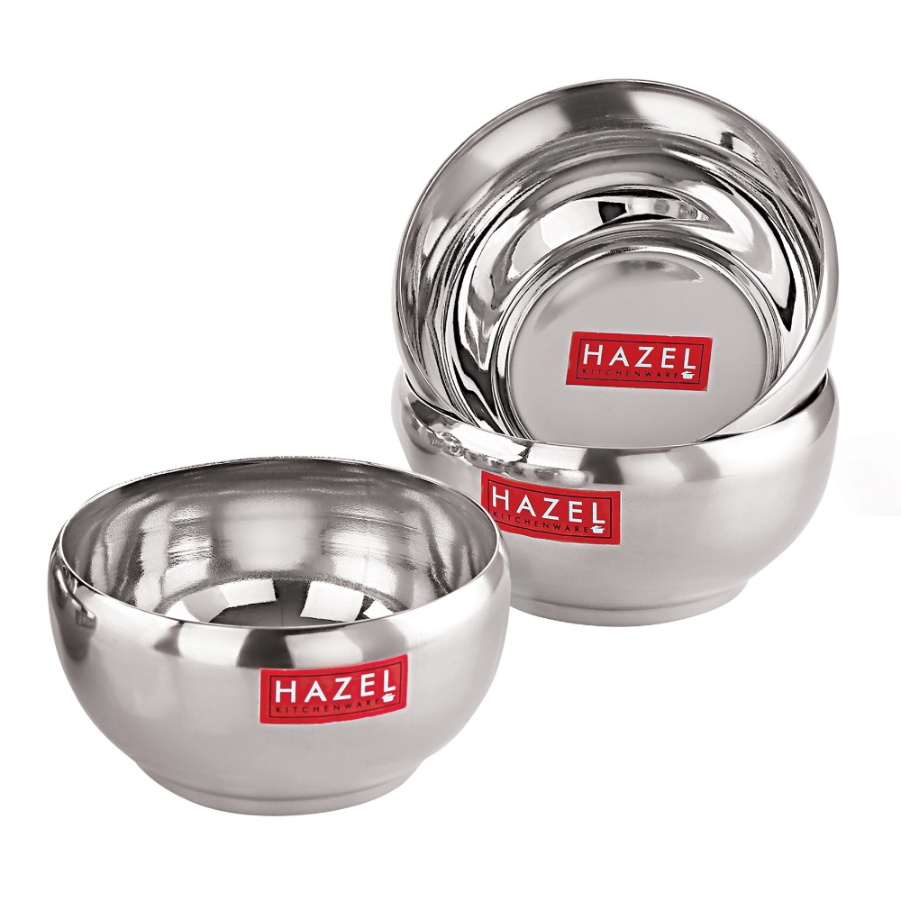 HAZEL Serving Bowl Set of 3 | Stainless Steel Bowl for Dessert, Cereal, Smoothie | Steel Katori Set Of 3 | 300 ml each, Silver

