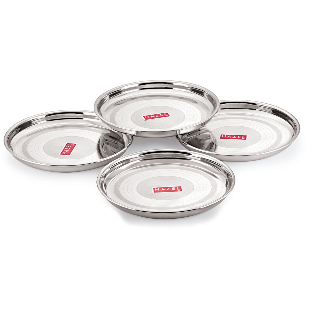 HAZEL Stainless Steel Plate Set For Dinner Launch | Designer Steel Thali Set |Steel Dinnerware, Set of 4, 26.5 cm, Small