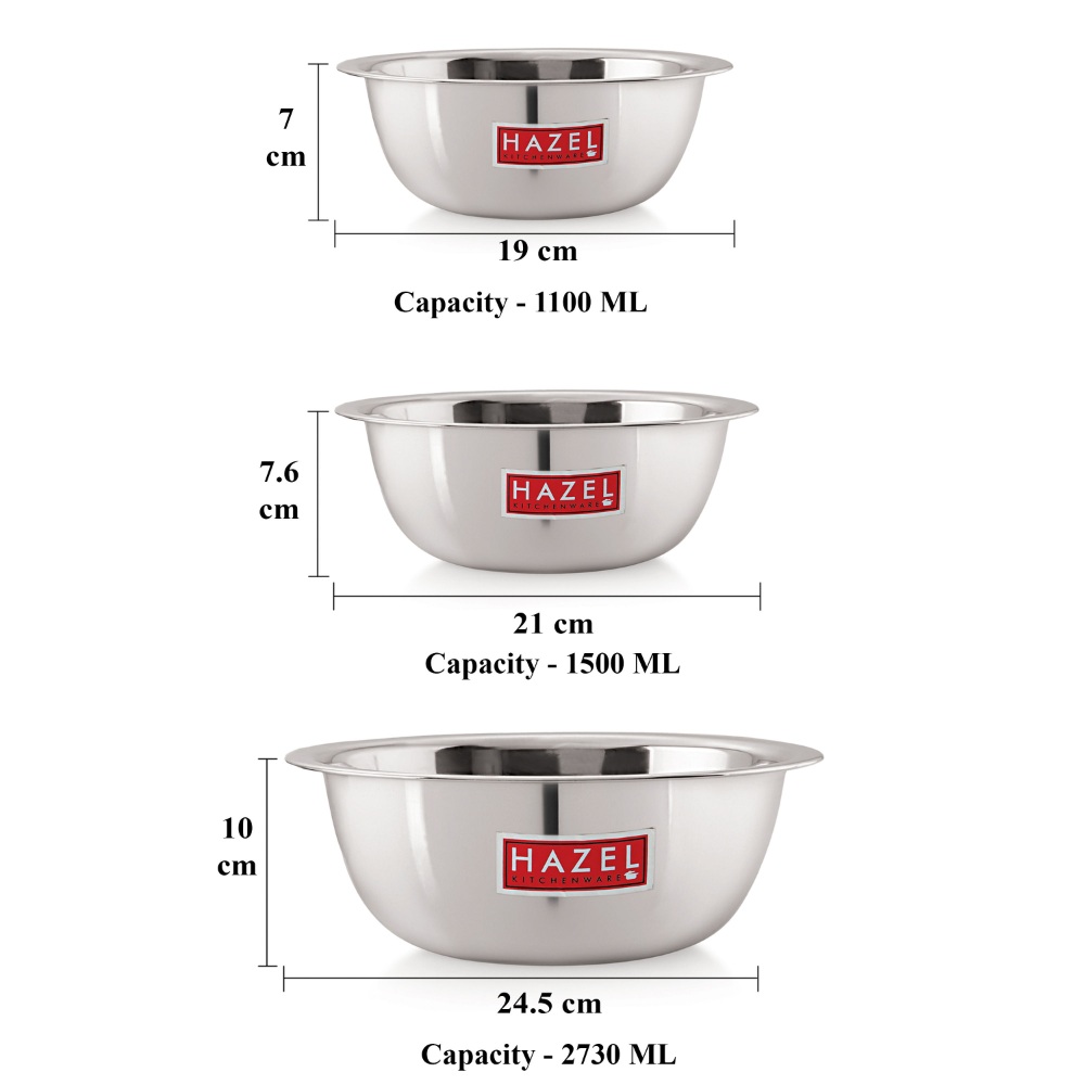 HAZEL Stainless Steel Mixing Bowl |  Mixing Bowl for Cake Batter | Kitchen and Baking Accessories Items, Set of 3, 1100 ML, 1500 ML, 2730 ML