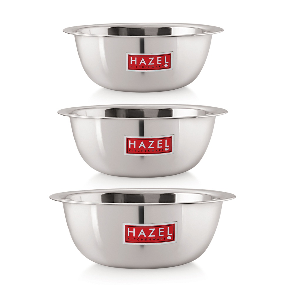 HAZEL Stainless Steel Mixing Bowl |  Mixing Bowl for Cake Batter | Kitchen and Baking Accessories Items, Set of 3, 350 ML, 550 ML, 770 ML