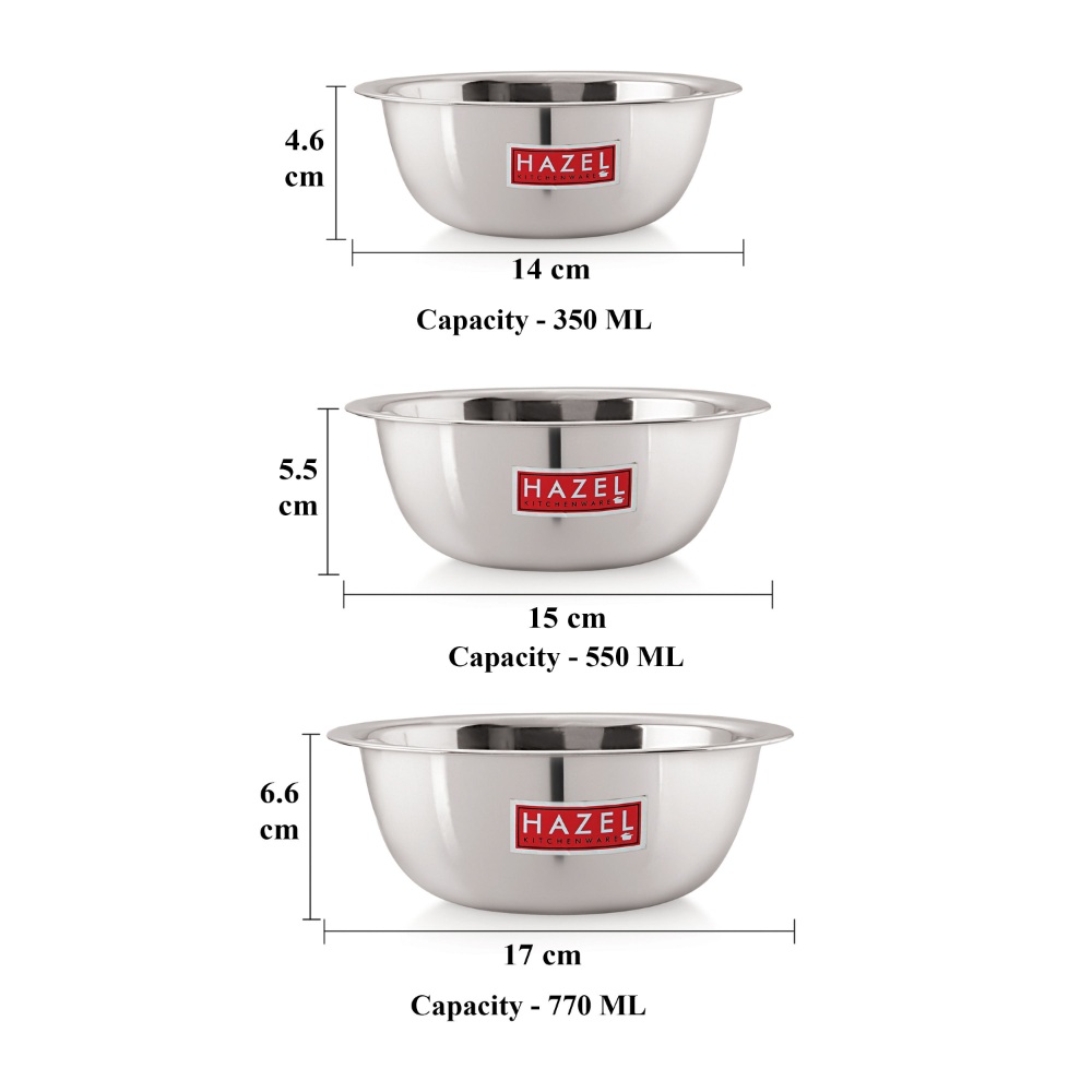 HAZEL Stainless Steel Mixing Bowl |  Mixing Bowl for Cake Batter | Kitchen and Baking Accessories Items, Set of 3, 350 ML, 550 ML, 770 ML