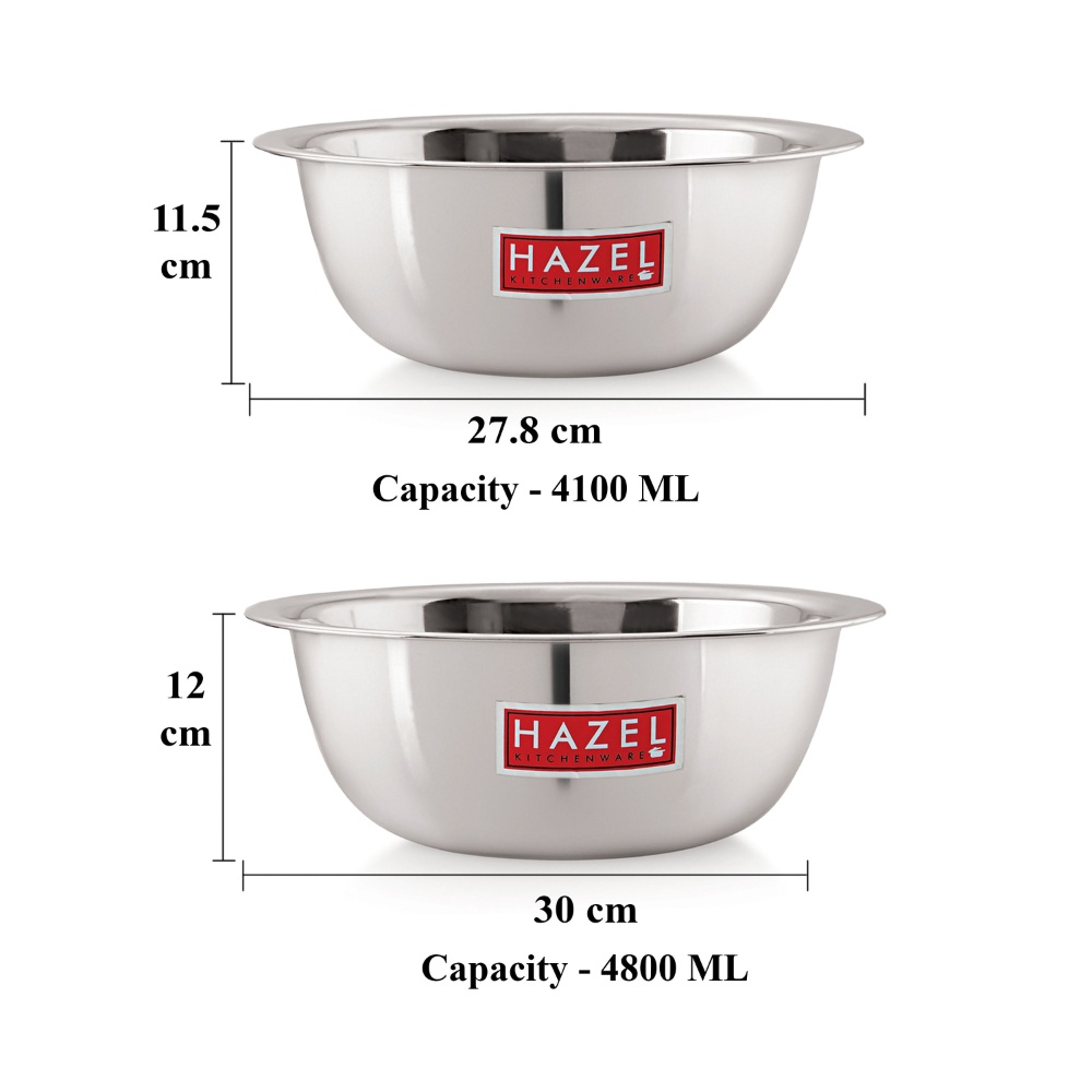 HAZEL Stainless Steel Mixing Bowl |  Mixing Bowl for Cake Batter | Kitchen and Baking Accessories Items, Set of 2, 4100 ML, 4800 ML