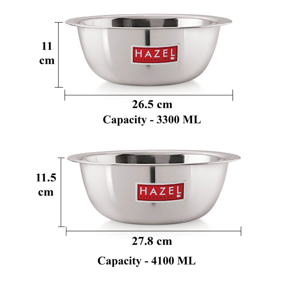 HAZEL Stainless Steel Mixing Bowl |  Mixing Bowl for Cake Batter | Kitchen and Baking Accessories Items, Set of 2, 3300 ML, 4100 ML