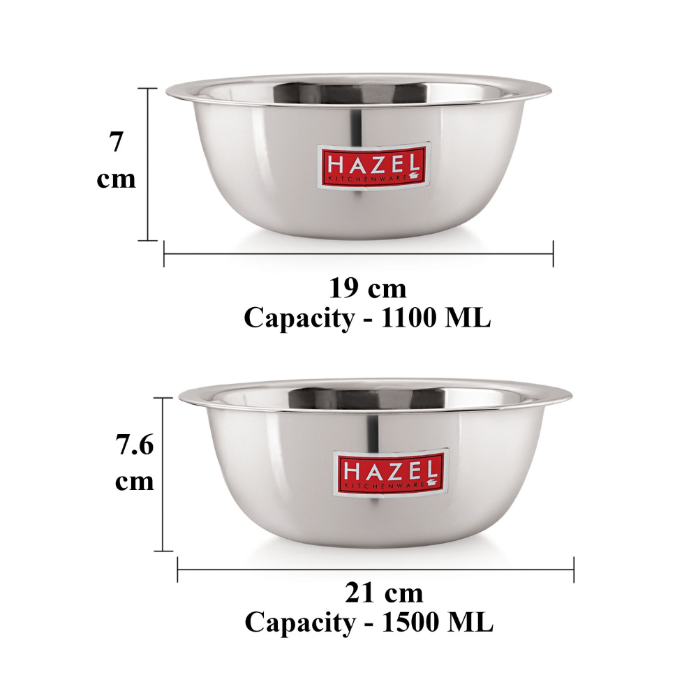 HAZEL Stainless Steel Mixing Bowl |  Mixing Bowl for Cake Batter | Kitchen and Baking Accessories Items, Set of 2, 1500 ML, 2730 ML