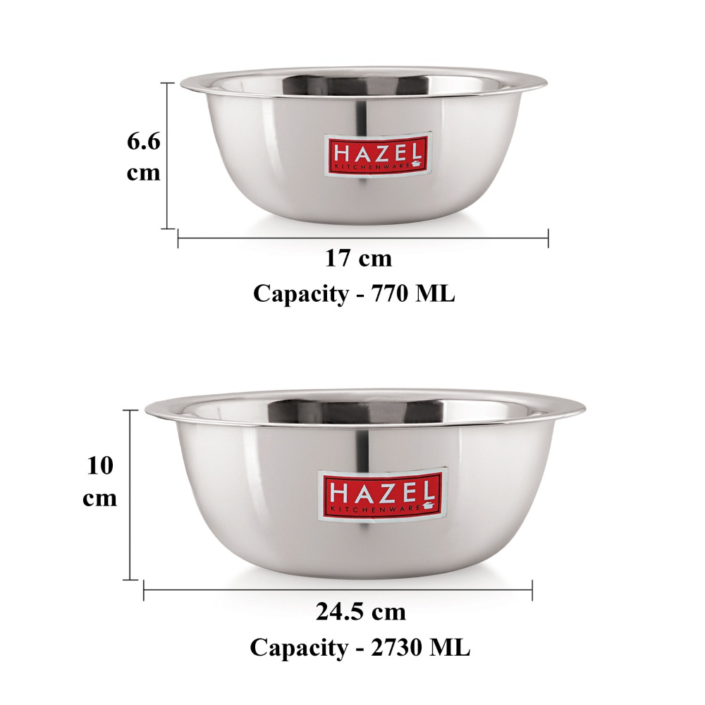 HAZEL Stainless Steel Mixing Bowl |  Mixing Bowl for Cake Batter | Kitchen and Baking Accessories Items, Set of 2, 770 ML, 1100 ML