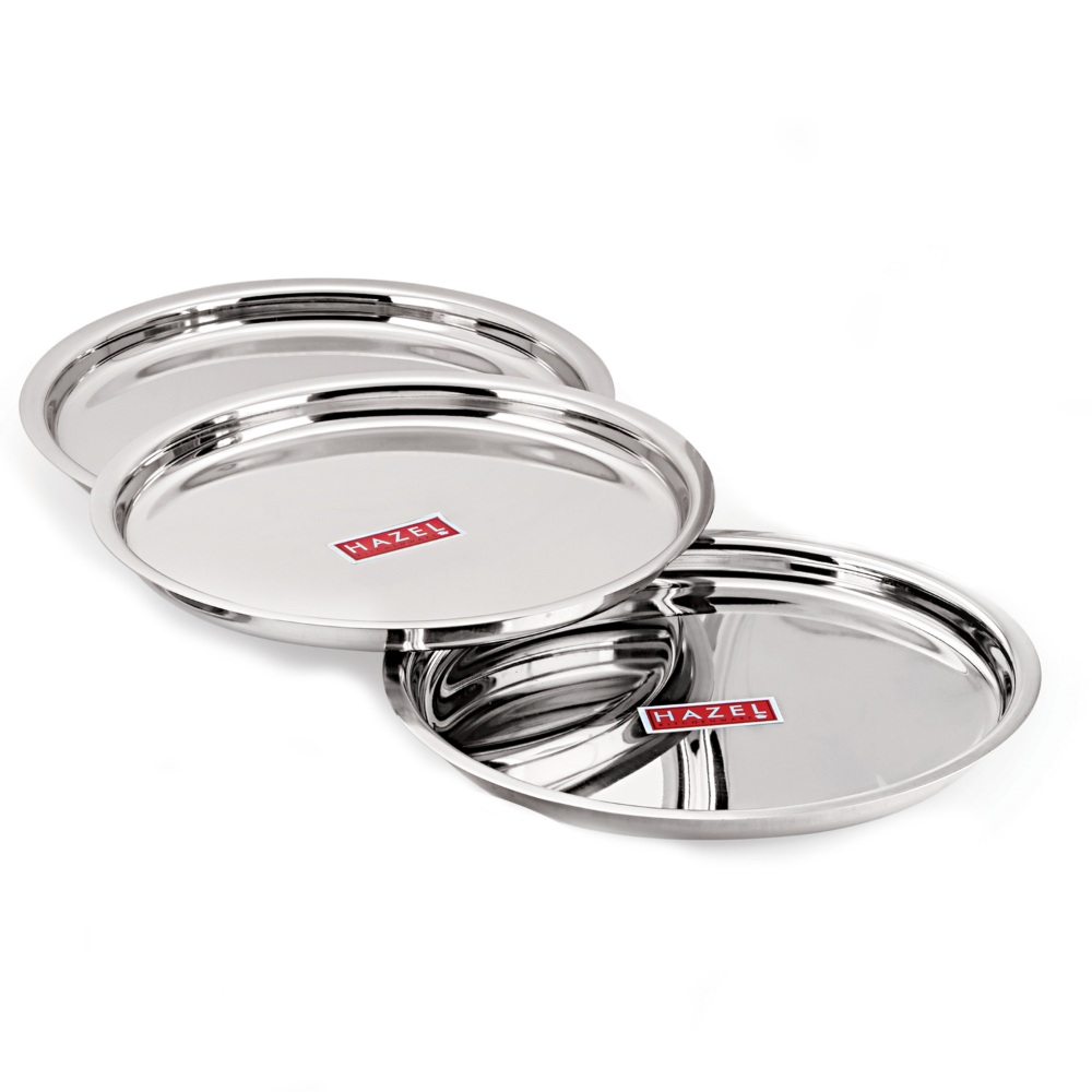 HAZEL Stainless Steel Plates Set | Premium Mirror Finish Thali Set Stainless Steel | Heavy Gauge Steel Plates Set For Dinner & Lunch Set of 3, 25 cm