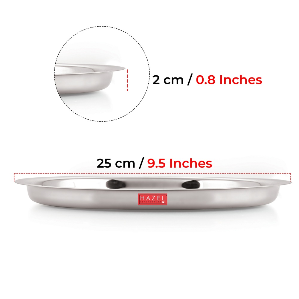 HAZEL Stainless Steel Plates Set | Premium Mirror Finish Thali Set Stainless Steel | Heavy Gauge Steel Plates Set For Dinner & Lunch Set of 3, 25 cm