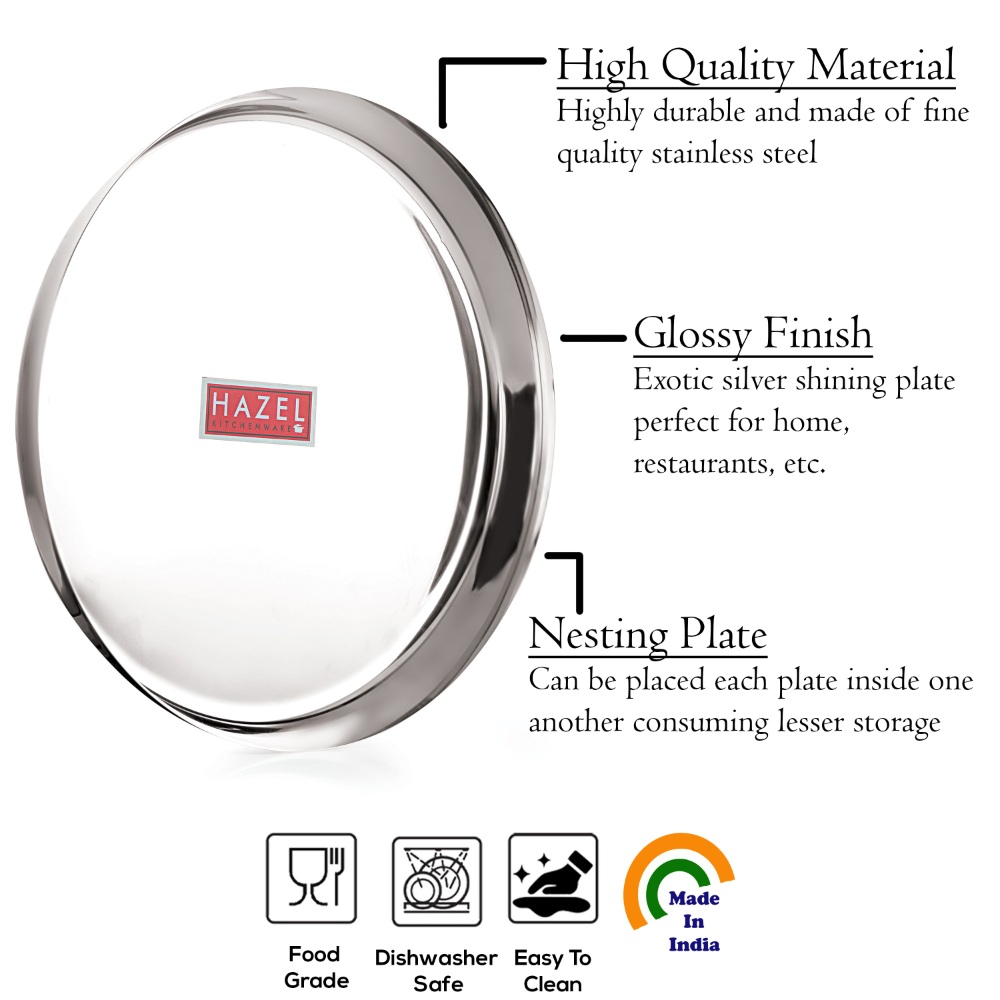 HAZEL Stainless Steel Plates Set | Premium Mirror Finish Thali Set Stainless Steel | Heavy Gauge Steel Plates Set For Dinner & Lunch Set of 4, 21 cm 