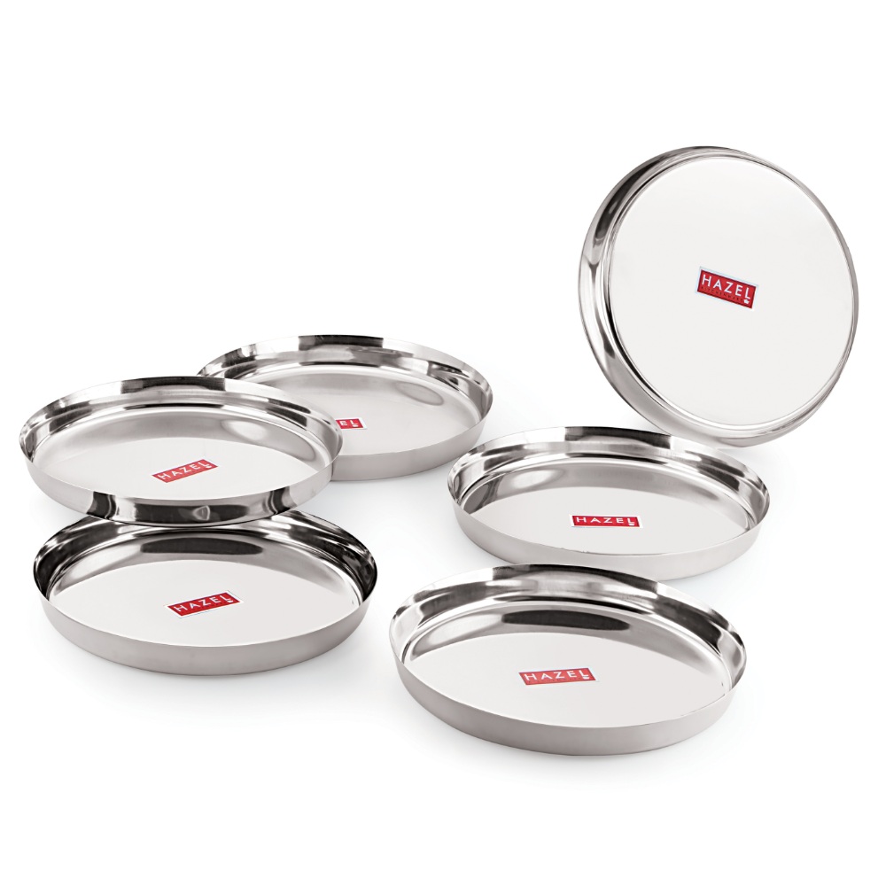 HAZEL Stainless Steel Plates Set | Premium Mirror Finish Thali Set Stainless Steel | Heavy Gauge Steel Plates Set For Dinner & Lunch Set of 6, 21 cm 