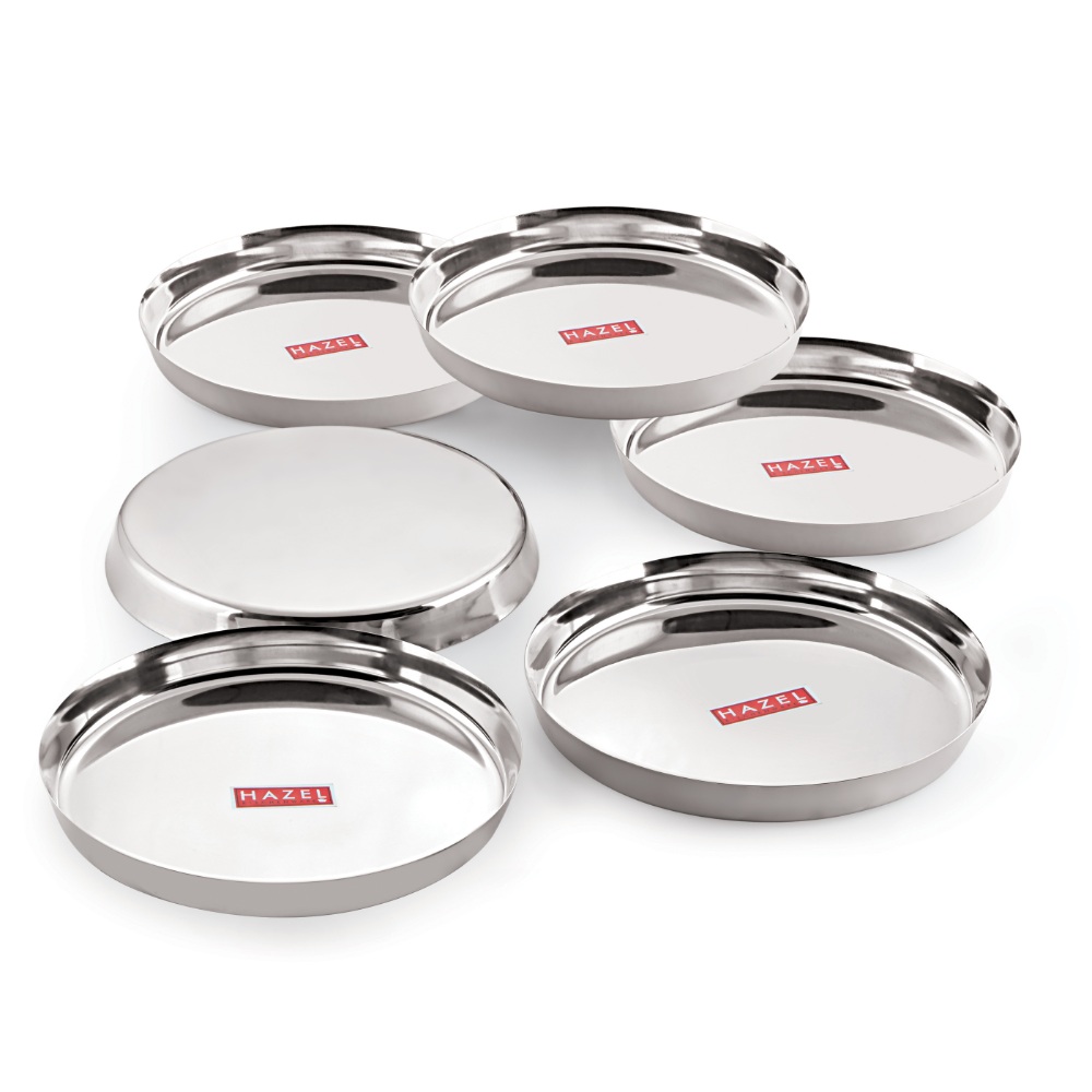 HAZEL Stainless Steel Plates Set | Premium Mirror Finish Thali Set Stainless Steel | Heavy Gauge Steel Plates Set For Dinner & Lunch Set of 6, 21 cm 