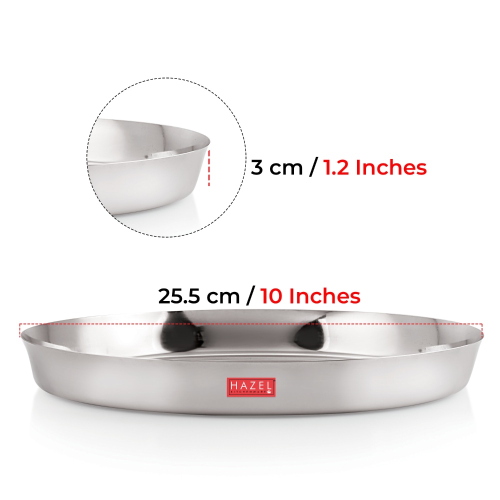 HAZEL Stainless Steel Plates Set | Premium Mirror Finish Thali Set Stainless Steel | Heavy Gauge Steel Plates Set For Dinner & Lunch Set of 6, 25.5 cm