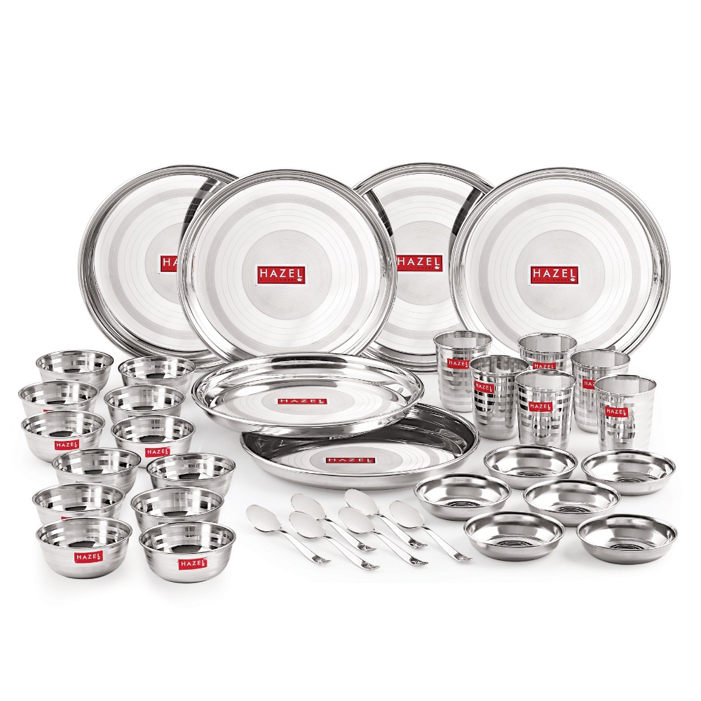 HAZEL Stainless Steel Dinner Set Of 36 | Dinner Set Steel (6 Steel Plate, 12 Serving Bowl, 6 Spoon Set, 6 Dessert Plate, 6 Steel Glass) 36 Pieces, Silver