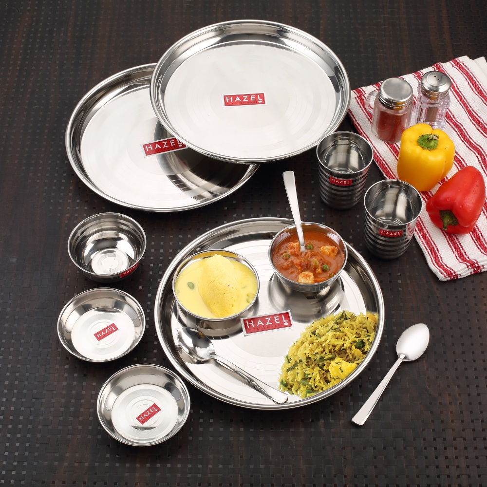 HAZEL Stainless Steel Dinner Set Of 36 | Dinner Set Steel (6 Steel Plate, 12 Serving Bowl, 6 Spoon Set, 6 Dessert Plate, 6 Steel Glass) 36 Pieces, Silver