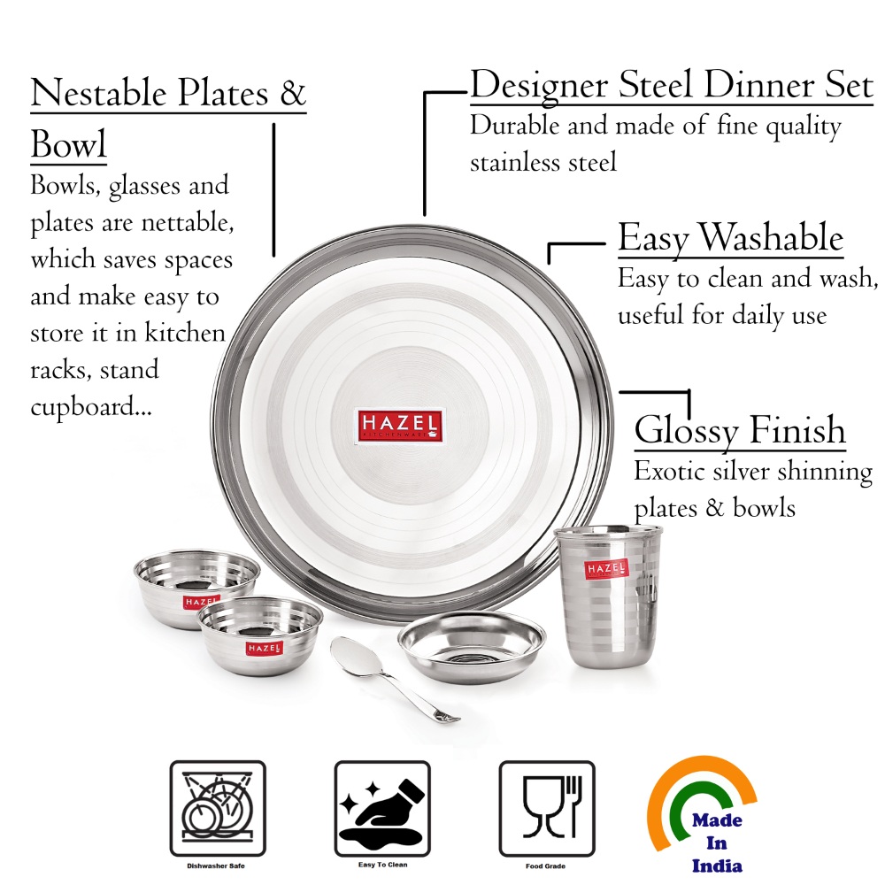 HAZEL Stainless Steel Dinner Set Of 36 | Dinner Set Steel (6 Steel Plate, 12 Serving Bowl, 6 Spoon Set, 6 Dessert Plate, 6 Steel Glass) 36 Pieces, Silver