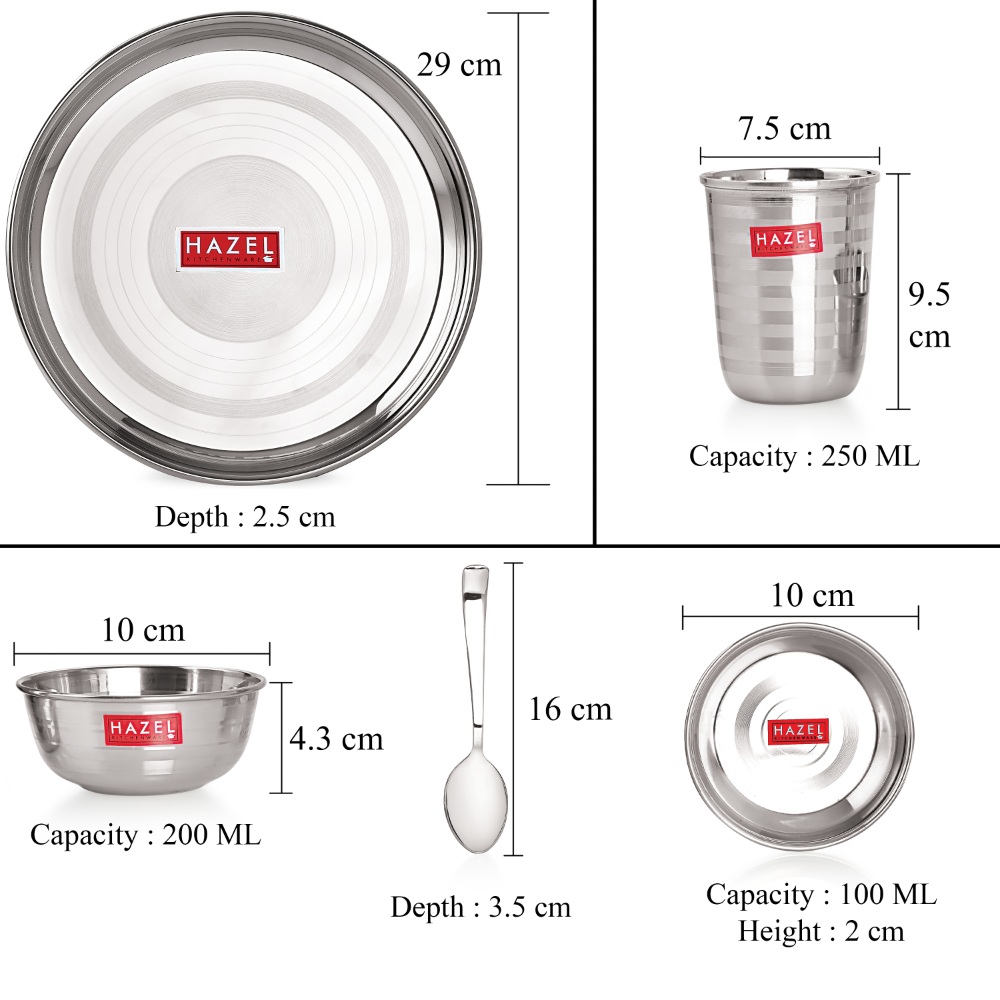 HAZEL Stainless Steel Dinner Set Of 36 | Dinner Set Steel (6 Steel Plate, 12 Serving Bowl, 6 Spoon Set, 6 Dessert Plate, 6 Steel Glass) 36 Pieces, Silver