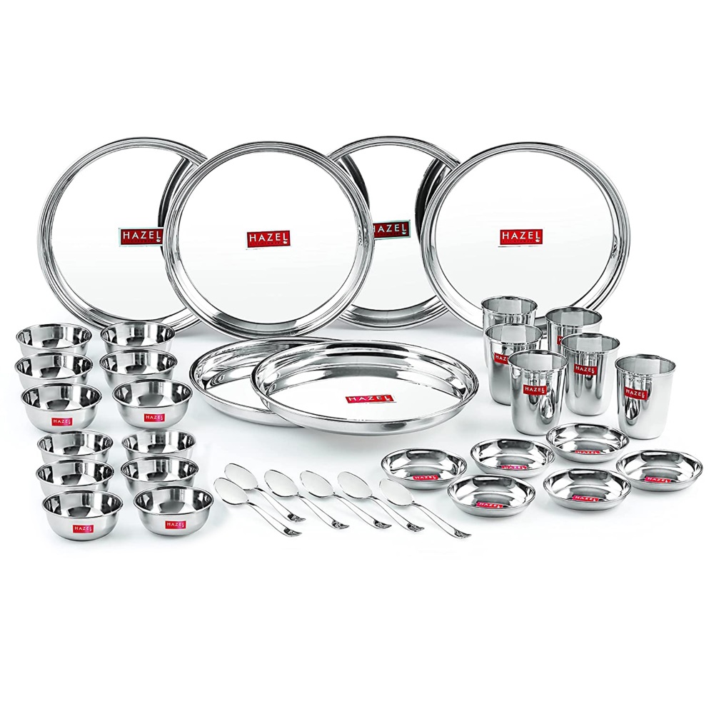 HAZEL Stainless Steel Dinner Set Of 36 | Dinner Set Steel (6 Steel Plate, 6 Steel Glass, 12 Serving Bowl, 6 Dessert Plate, 6 Spoon Set) 36 Pieces, Silver