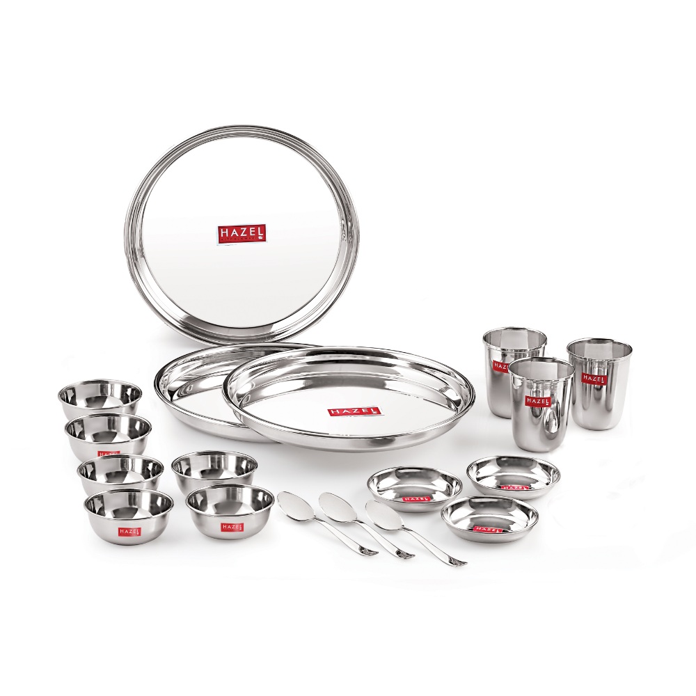 HAZEL Stainless Steel Dinner Set Of 18 | Dinner Set Steel (3 Steel Plate, 3 Steel Glass, 6 Bowl, 3 Dessert Plate, 3 Spoon) 18 Pieces, Silver