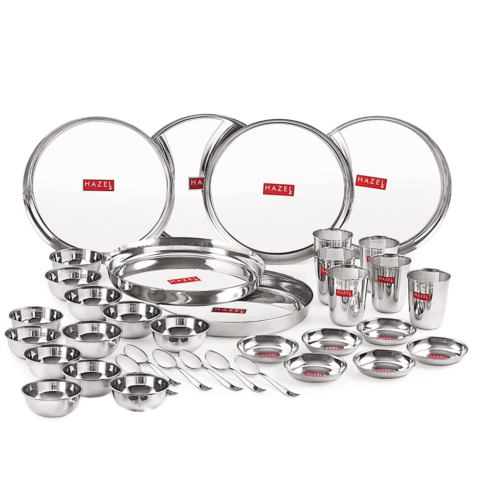 HAZEL Stainless Steel Dinner Set Of 36 | Dinner Set Steel (6 Steel Plate, 6 Steel Glass, 12 Serving Bowl, 6 Spoon Set, 6 Dessert Plate) 36 Pieces, Silver