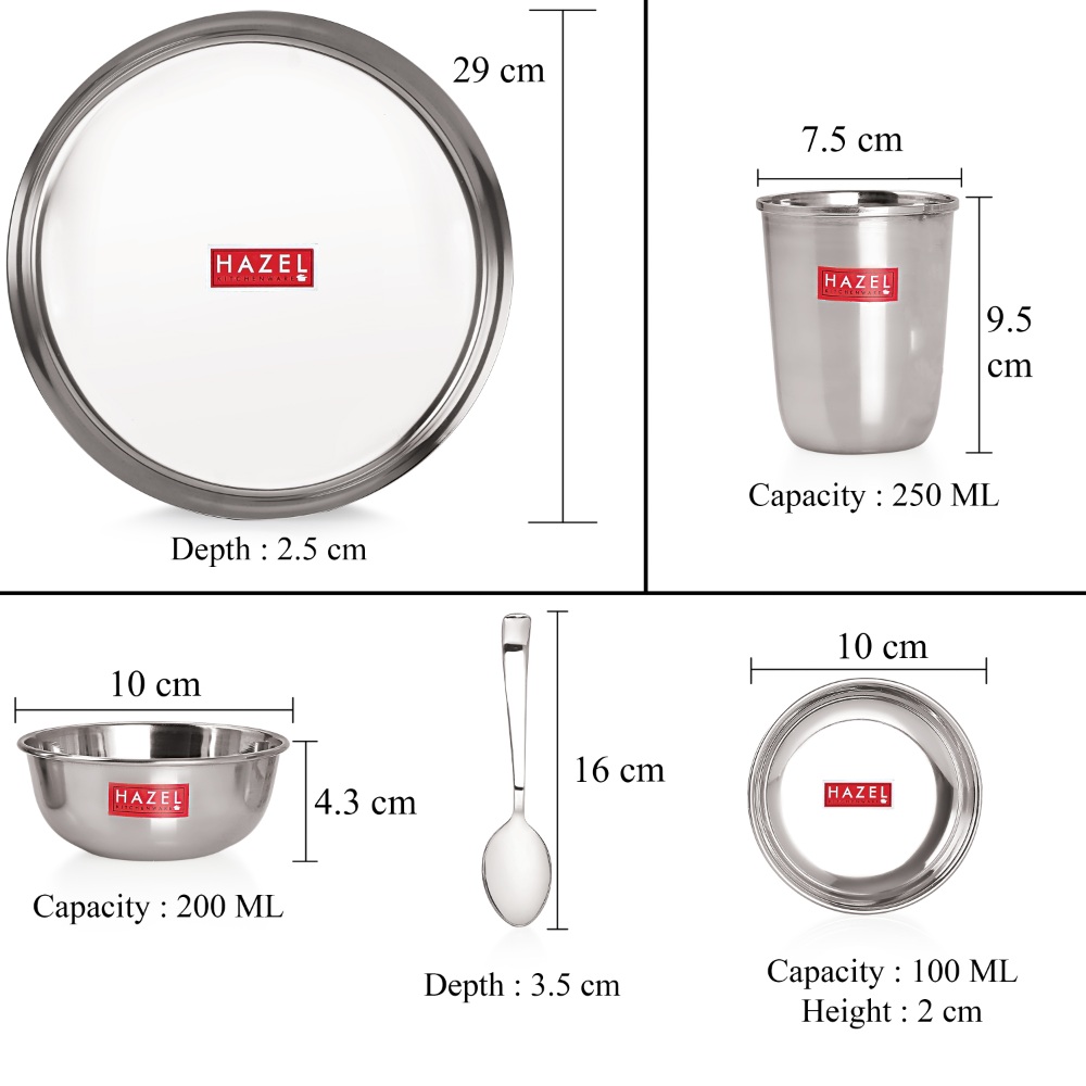 HAZEL Stainless Steel Dinner Set Of 12 | Dinner Set Steel (2 Steel Plate, 2 Steel Glass, 4 Bowl, 2 Spoon, 2 Dessert Plate) 12 Pieces, Silver